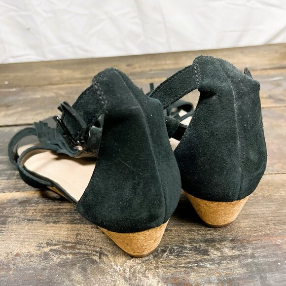 CLARKS Gladiator Black Strappy Sandal Wedge Women's 12 Heel Suede Fringe Abigail - Picture 3 of 7